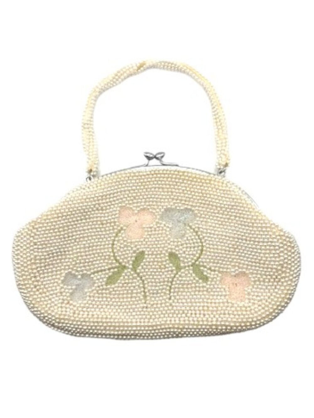 Ivory Faux Pearl Beaded Floral Mini Evening Bag Kiss Lock Purse